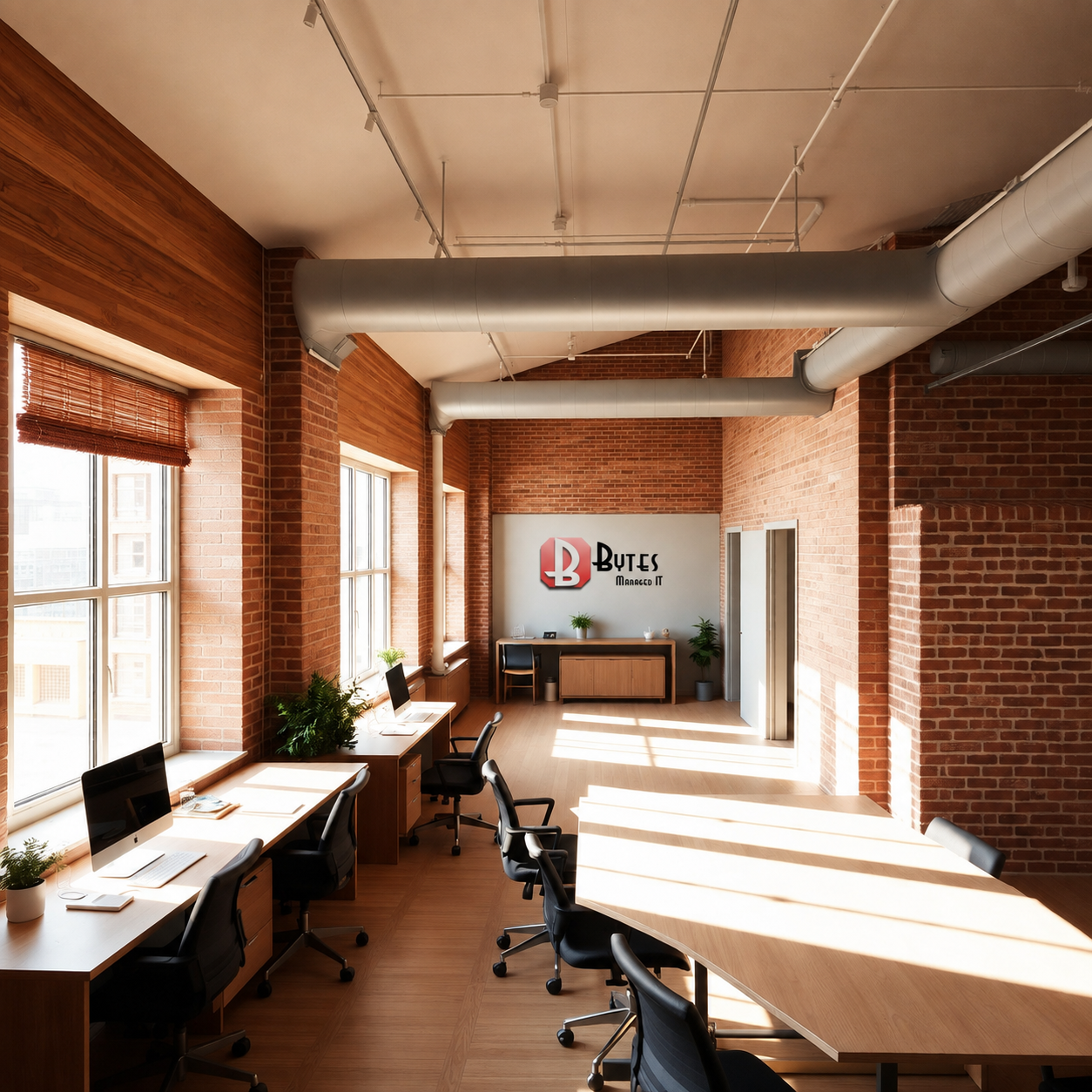 The Bytes office: a sunlit brick workspace with the Bytes Managed IT logo on the wall