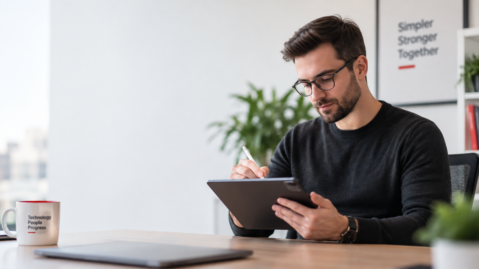 A Bytes team member reviewing a tablet in a modern office with a Bytes-branded mug on the desk