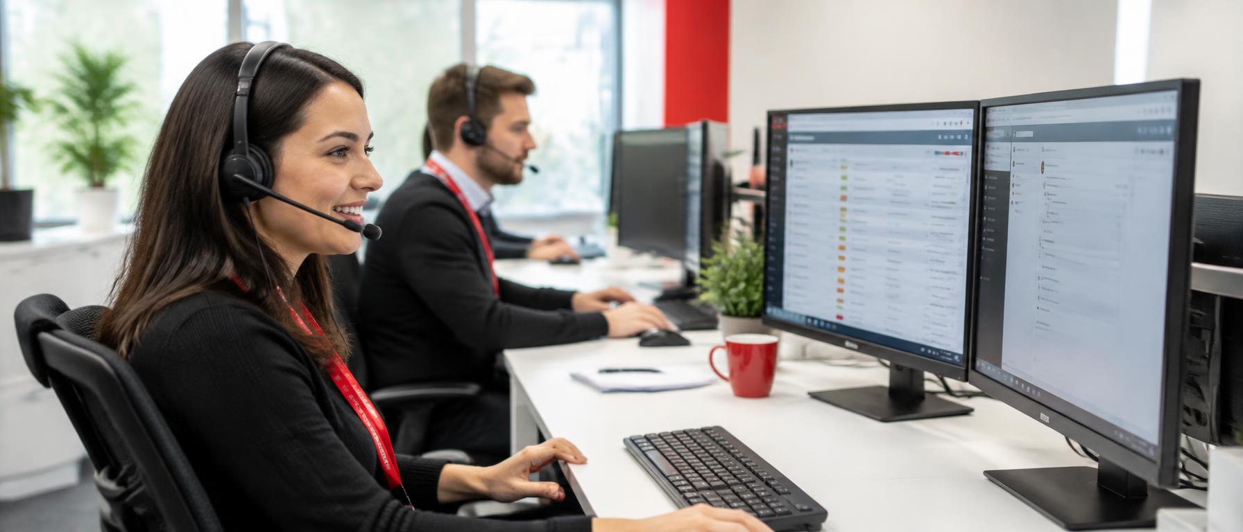 Bytes service desk technicians working with headsets at a ticket queue